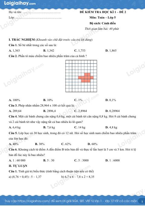 Đề kiểm tra học kì 1 Toán 5 Cánh diều - Đề số 2